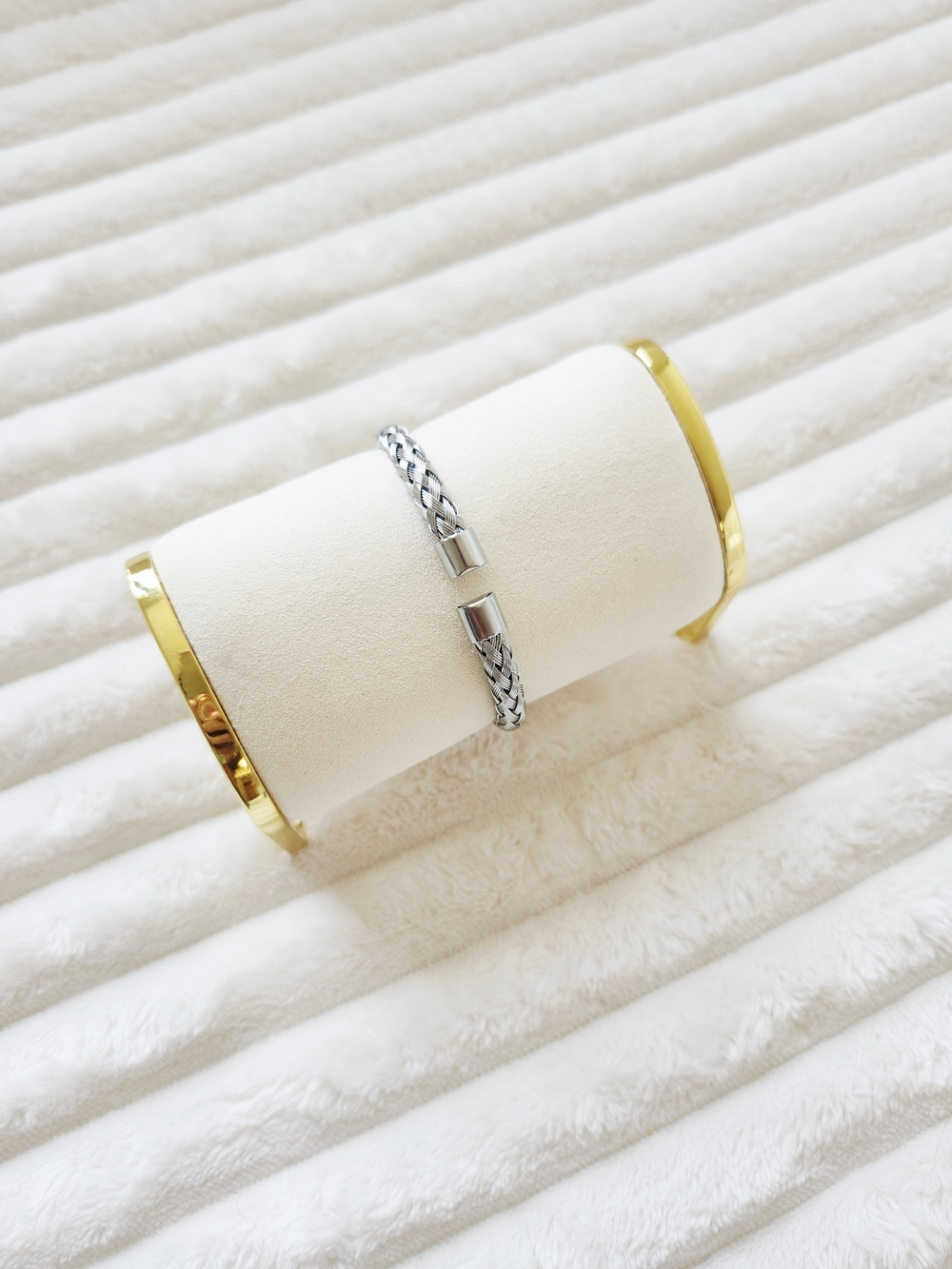 Silver Tone Braided Wire Cuff Bracelet Woven Rope Design Open Bar Ends